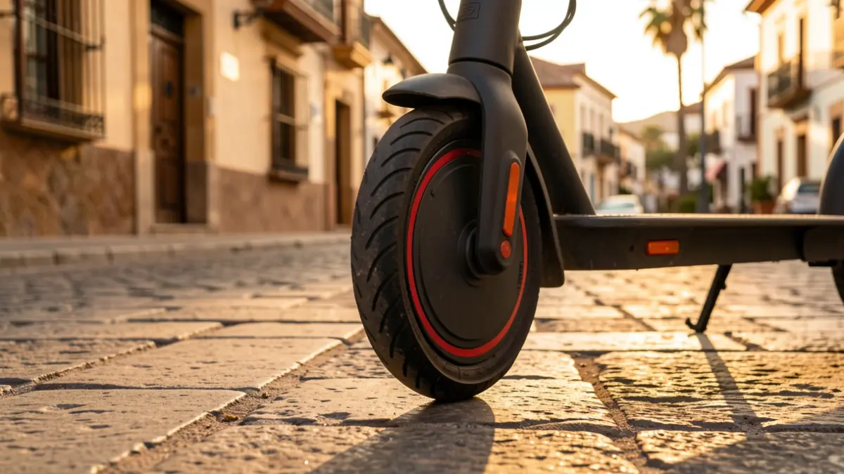 Rueda de patinete eléctrico en una calle de Málaga con arquitectura andaluza.