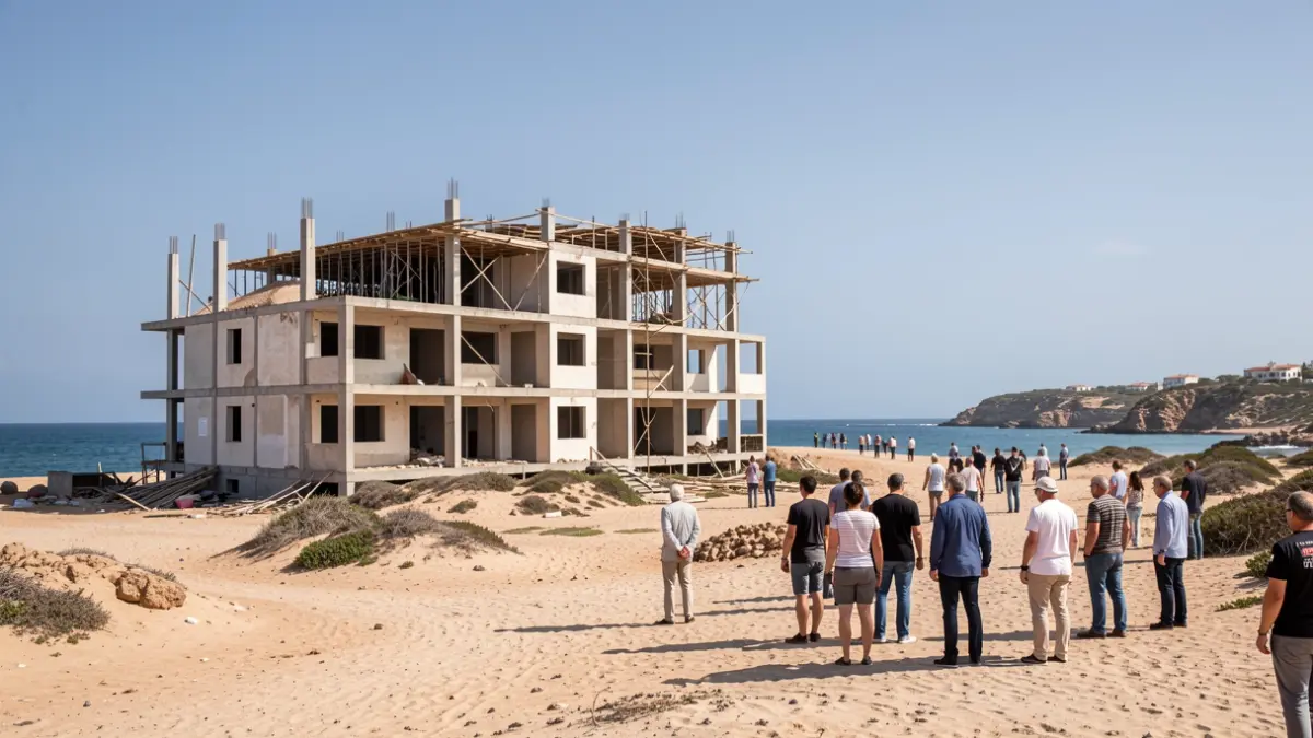 Facade of a half-built illegal hotel on the beach of Cabo de Gata Natural Park.