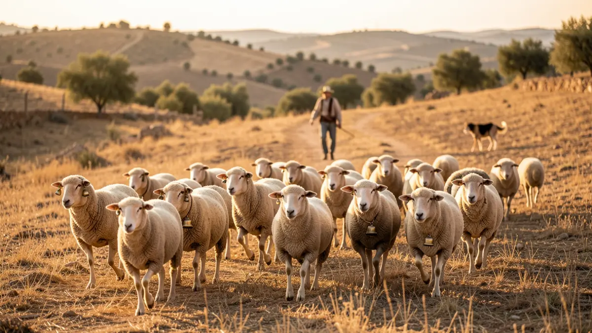Flock of sheep with bells in a mountainous Andalusian landscape.