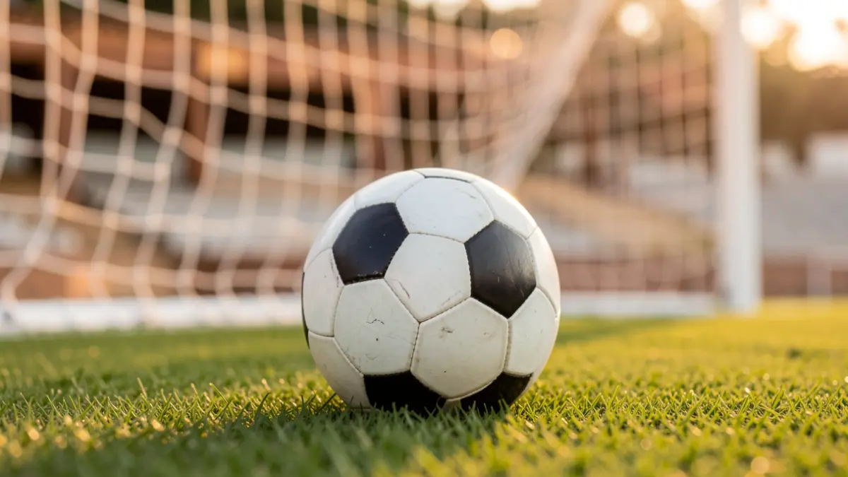 Imagen genérica de un balón de fútbol sobre césped con la portería desenfocada.