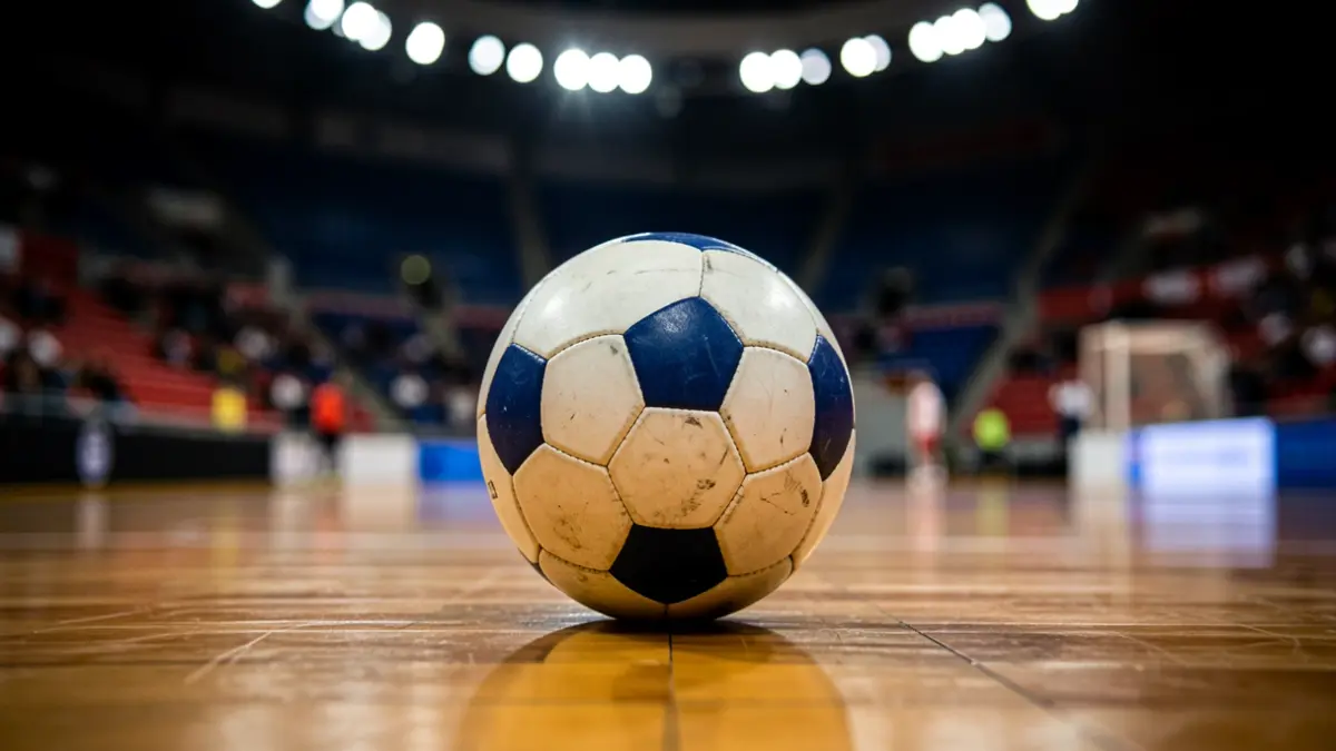 Generic image of a futsal ball on a sports court.