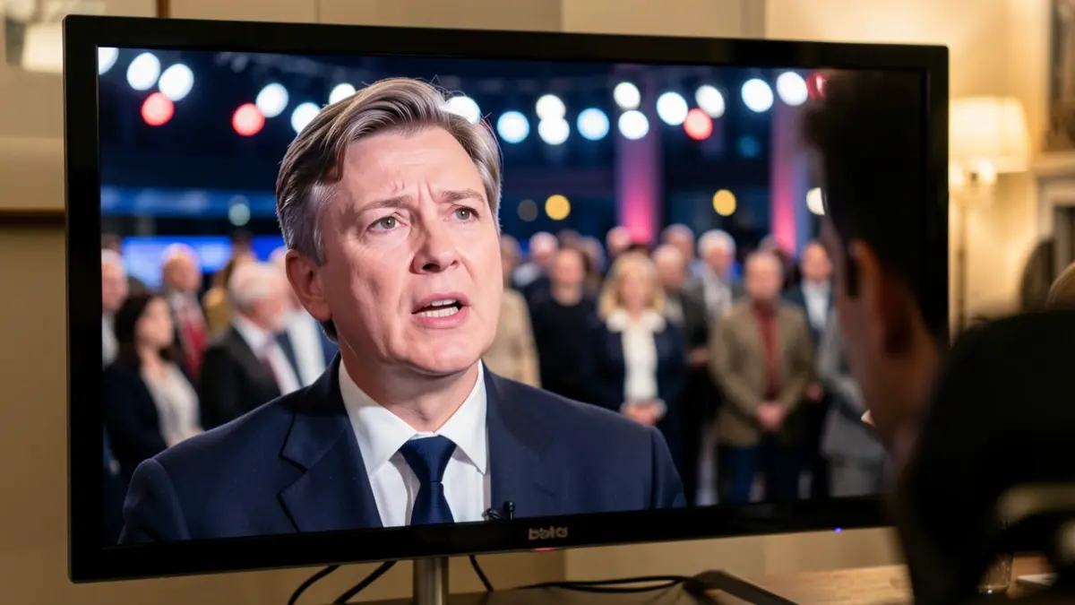 Generic image of a reporter on a television set with an emotional expression.