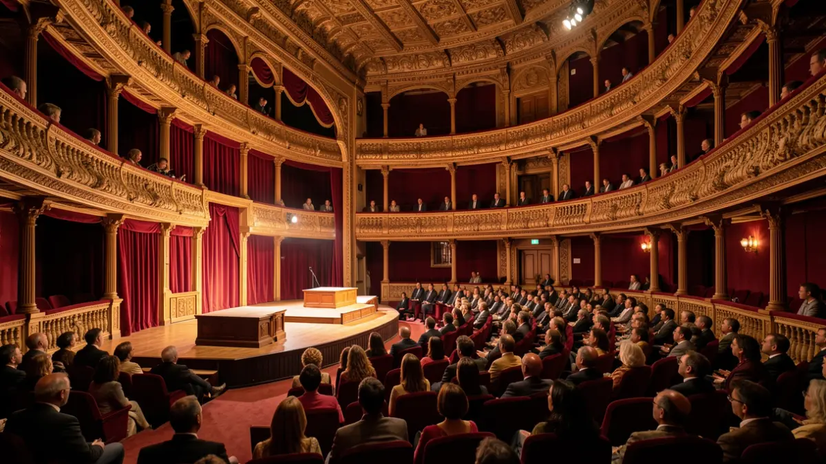Imagen genérica del interior de un teatro andaluz con escenario y asientos.