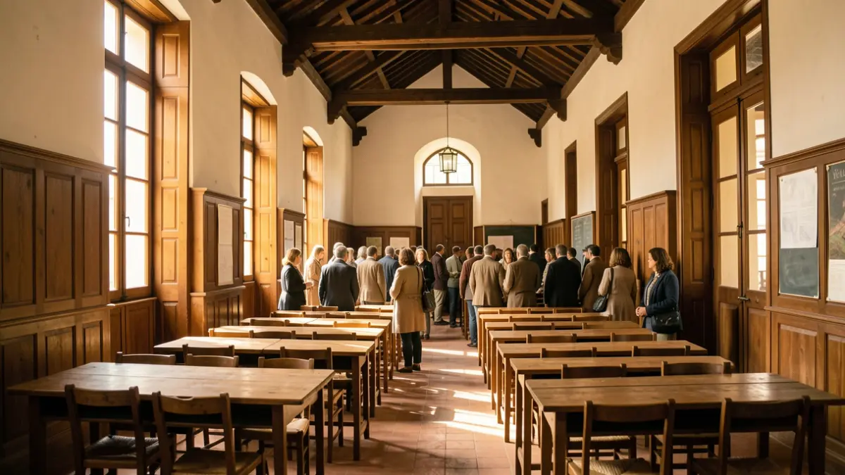 Image of a school classroom with warm light and a nostalgic atmosphere.