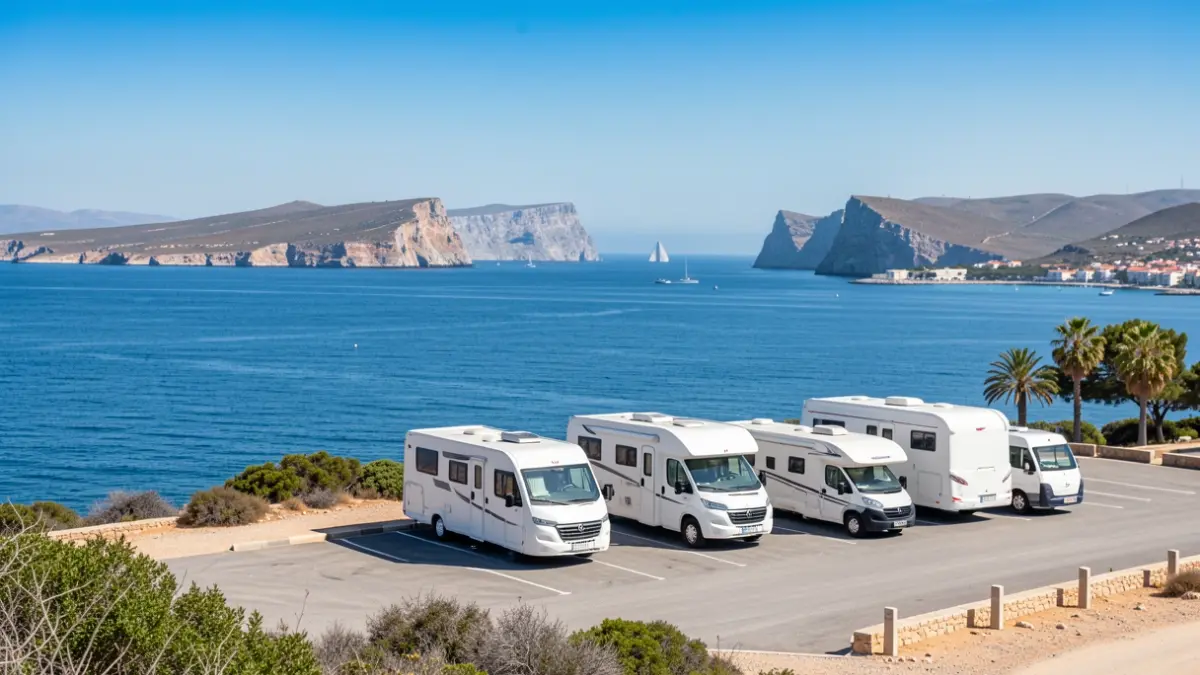 Imagen de autocaravanas estacionadas en una zona habilitada en Tarifa, con el Estrecho de Gibraltar al fondo.