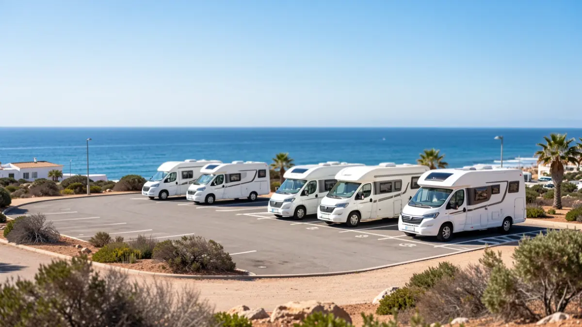 Imagen de autocaravanas estacionadas en una zona permitida en Tarifa, con el mar de fondo.