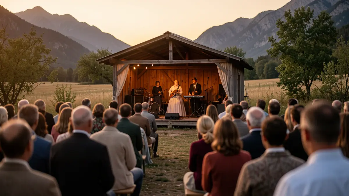 Generic image of a small outdoor stage in a natural setting with mountains in the background and warm light.