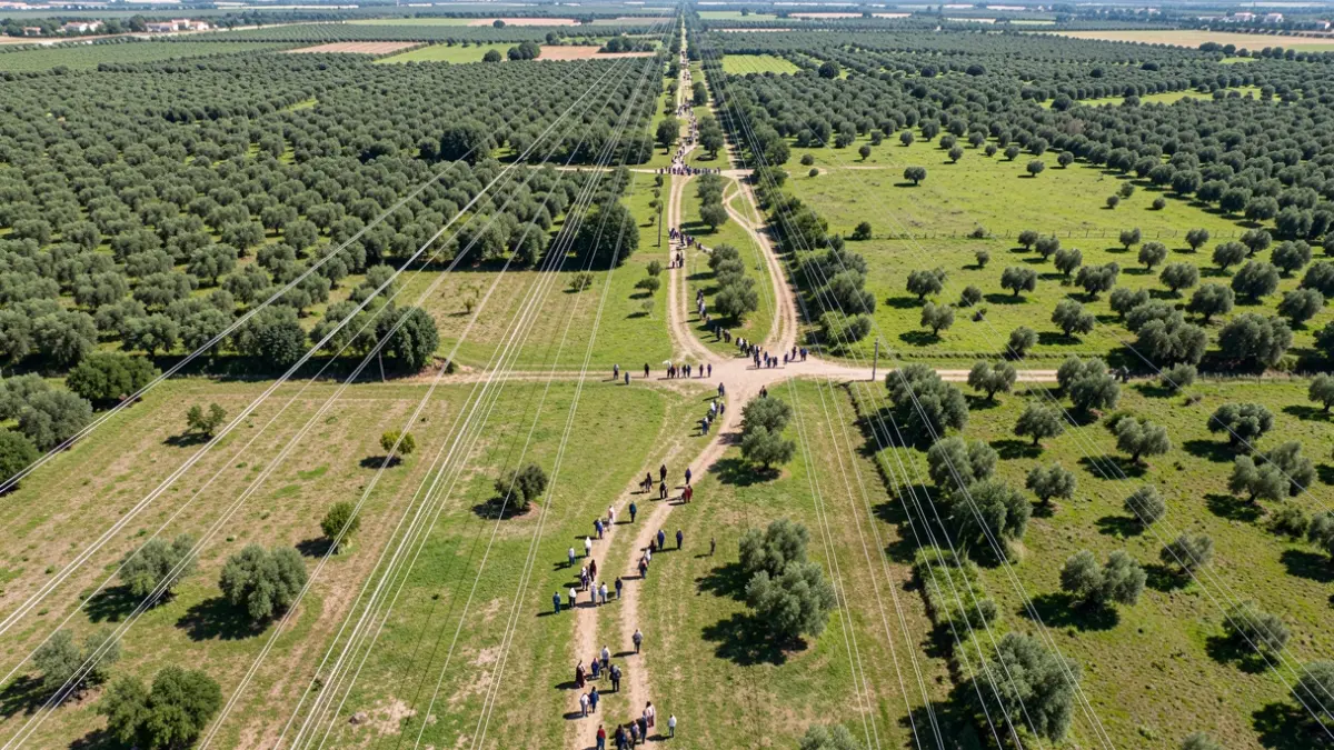 Imagen genérica de líneas eléctricas atravesando un paisaje arbolado en Andalucía.