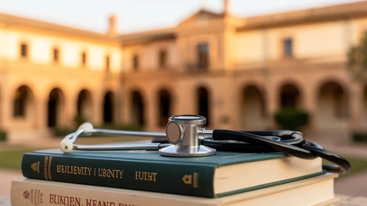 Imagen genérica de un estetoscopio sobre libros de texto universitarios, con un campus andaluz al fondo.