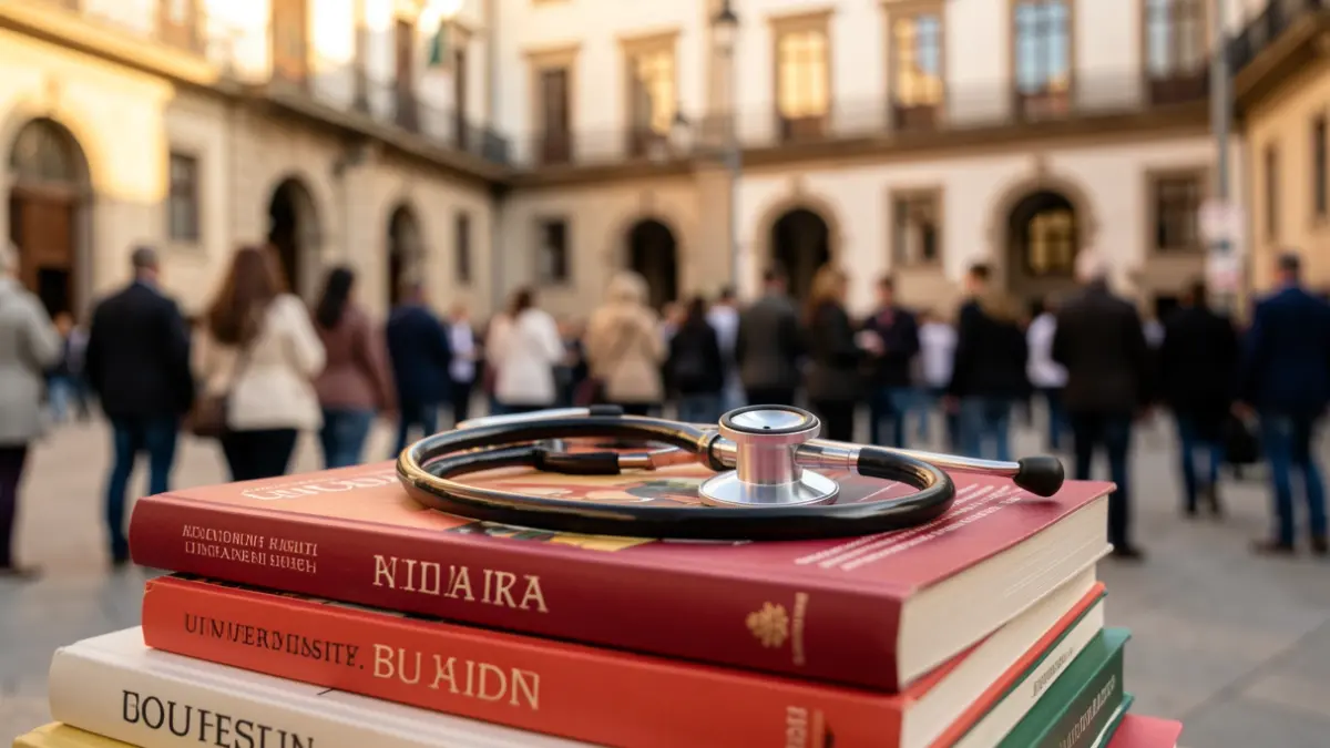 Generic image of a stethoscope on university textbooks, with a blurred Andalusian university facade in the background.