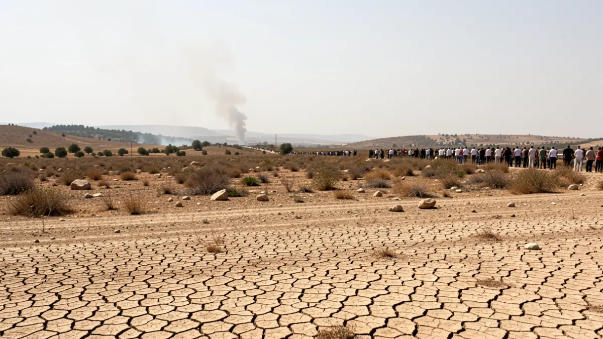 Generic image of cracked earth with distant smoke.