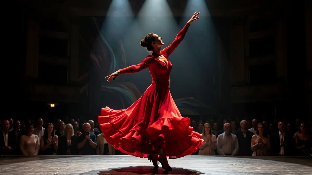 Silueta de una bailaora de flamenco con un vestido rojo sobre un escenario con luces dramáticas.