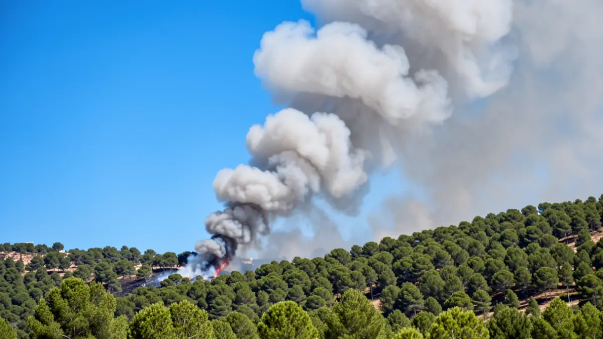 Generic image of wildfire smoke on a pine hillside in Andalucía.