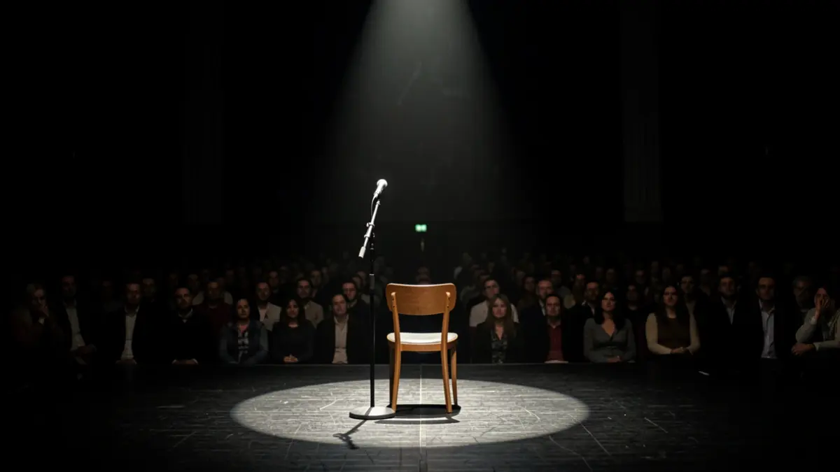 Imagen genérica de un escenario de teatro con un micrófono y una silla, evocando misterio y expectación.