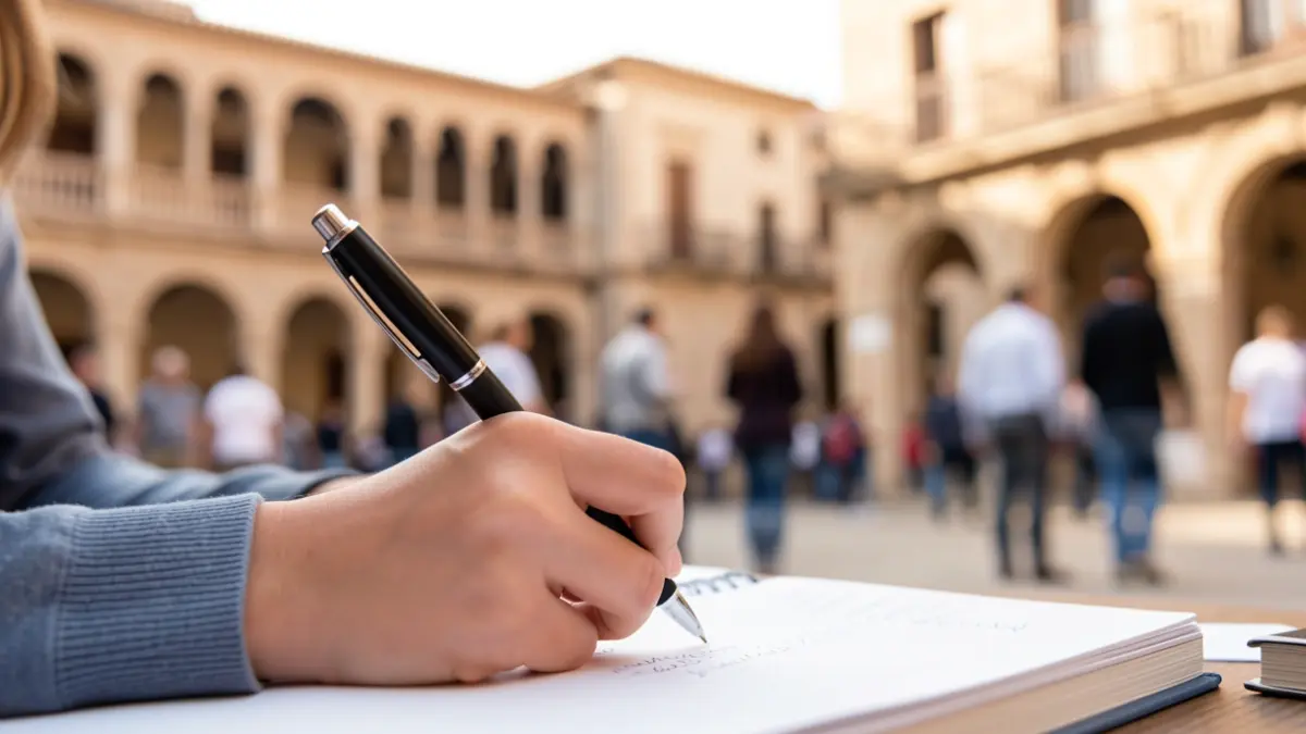 Close-up of a student's hand holding a pen over a notebook, with blurred university buildings in the background and Andalusian architectural elements.