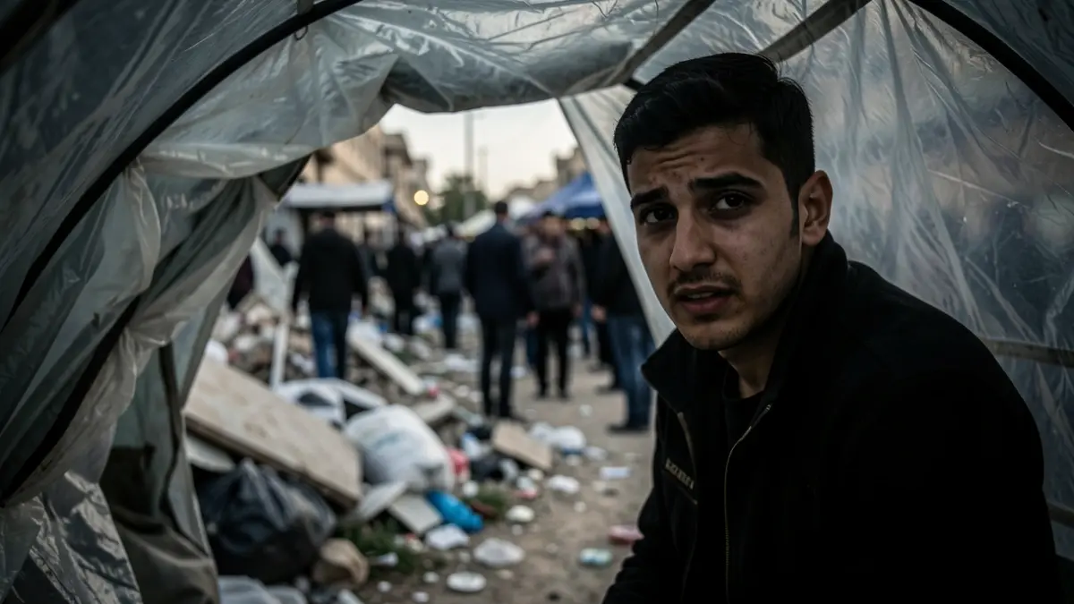 Image of Adel Sufian, a young Palestinian man trapped in Gaza, looking out from a makeshift tent.