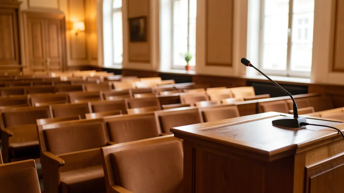 Generic image of an empty university conference room with a podium and microphone.