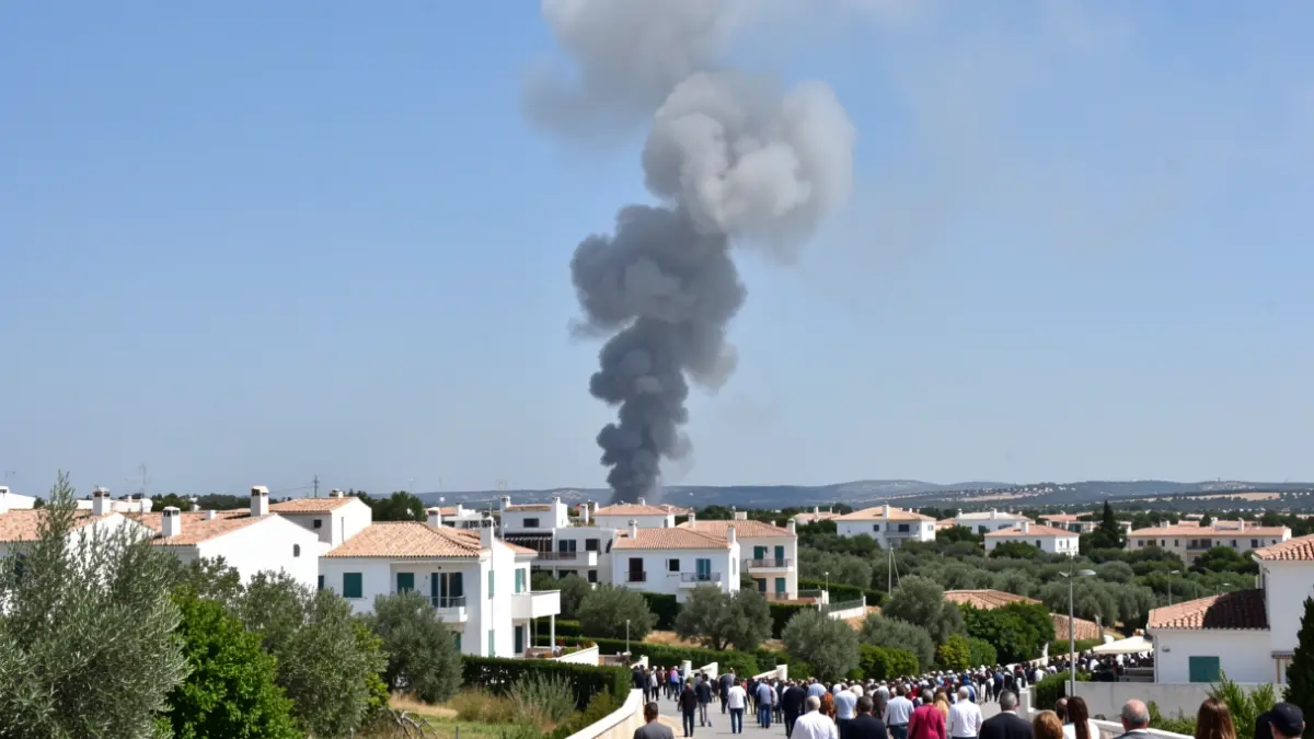 Imagen de una columna de humo gris elevándose sobre una zona residencial y vegetación en Mairena del Aljarafe.