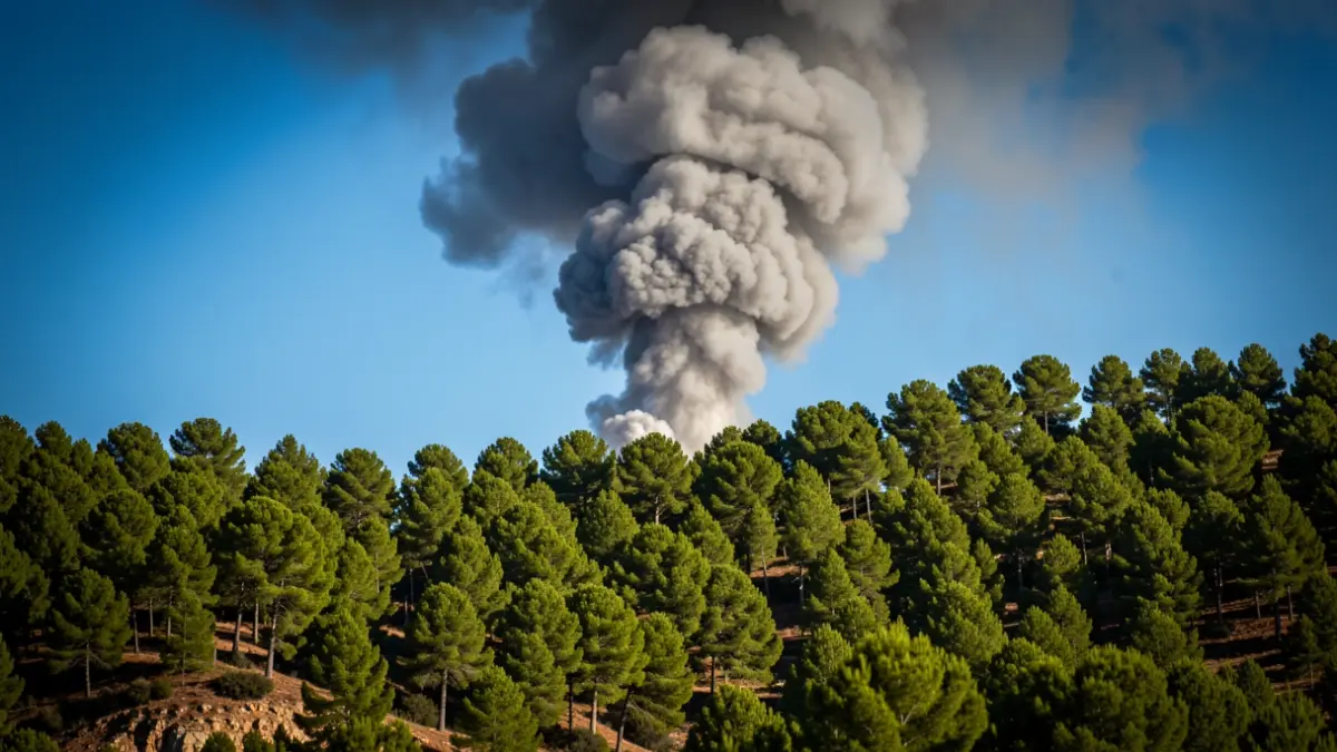Imagen genérica de humo de incendio forestal en una ladera de pinos en Andalucía.