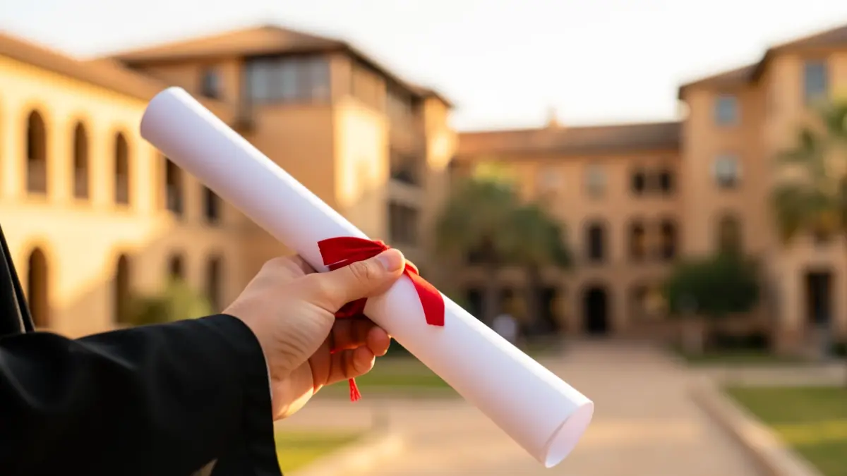 Primer plano de la mano de un estudiante universitario sosteniendo un certificado de graduación, con un fondo desenfocado de un campus universitario moderno en Andalucía.