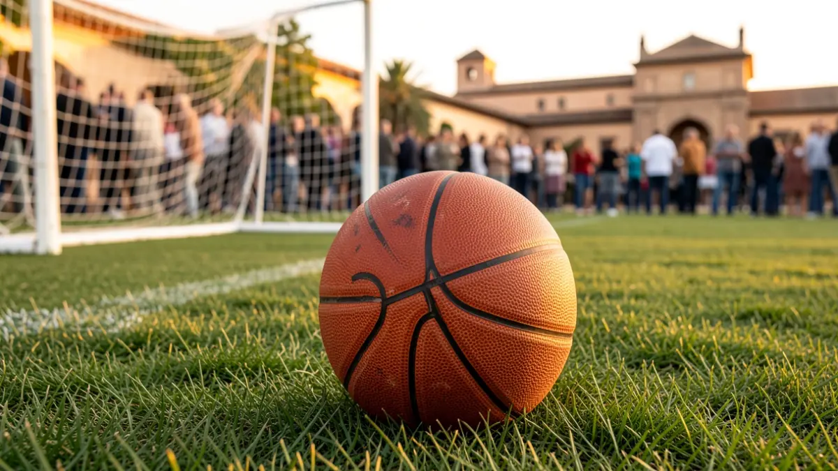 Imagen genérica de un balón de baloncesto sobre césped con elementos arquitectónicos andaluces al fondo.