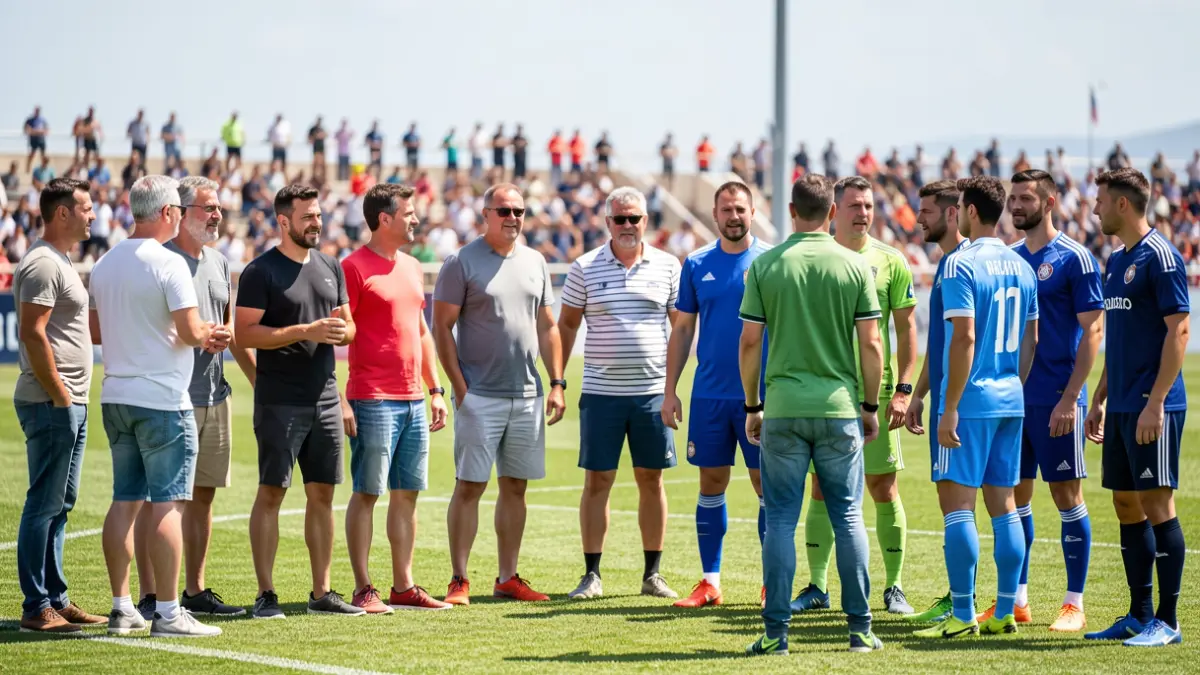 Image of former football players gathered on a pitch in Punta Umbría for a charity match.