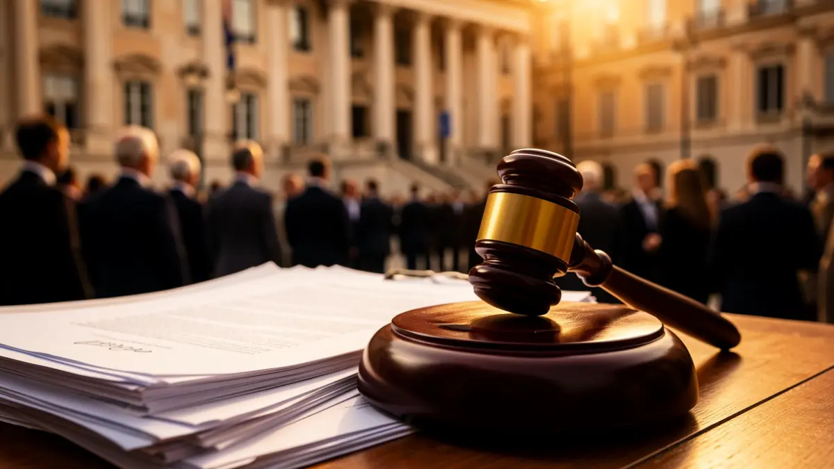 Generic image of a judge's gavel on legal documents with an institutional building in the background.