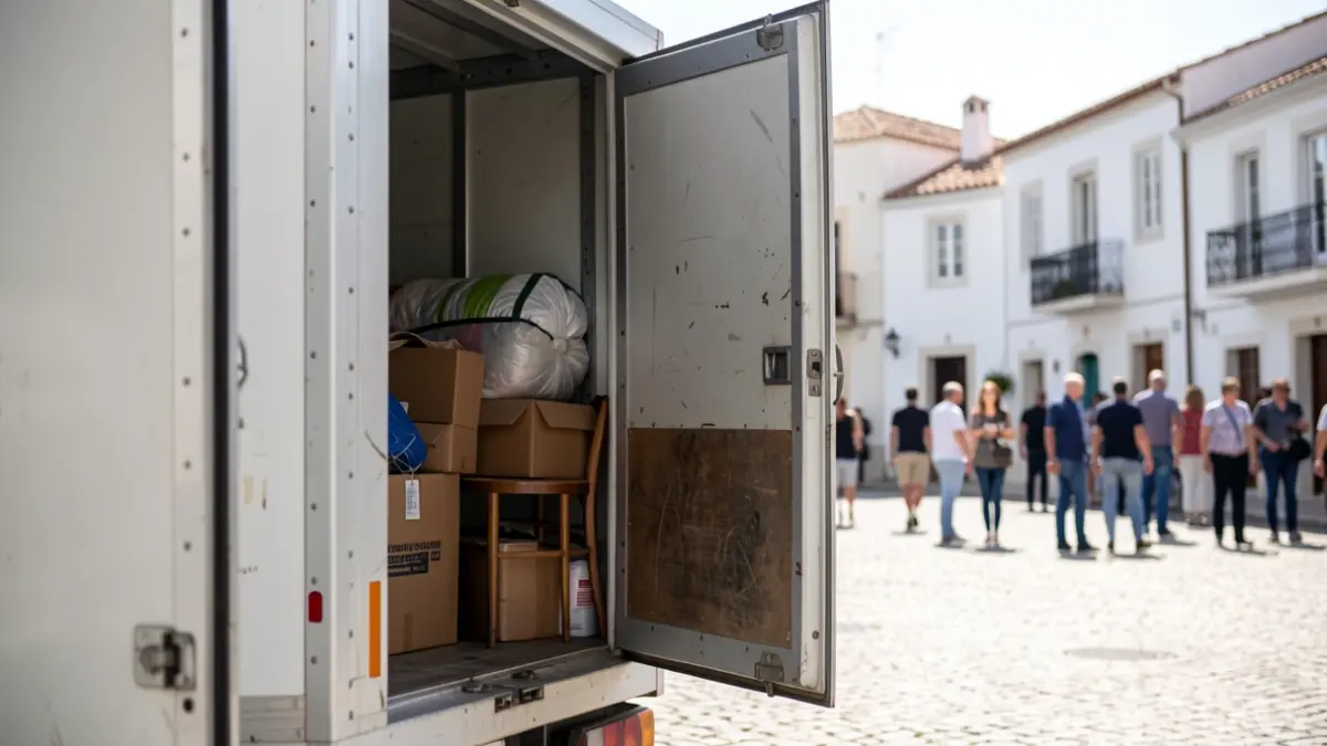 Image of moving belongings inside a truck, with a Mediterranean town in the background.
