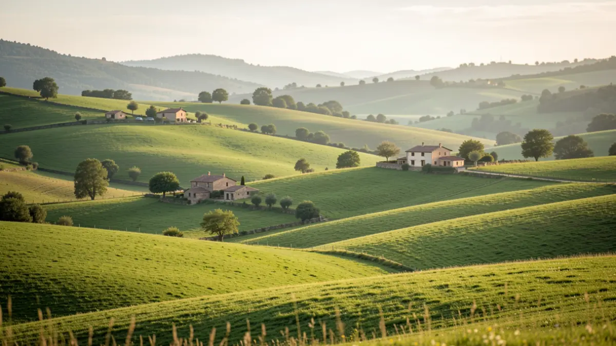Generic image of a rural landscape in northern Spain with green hills and traditional houses.