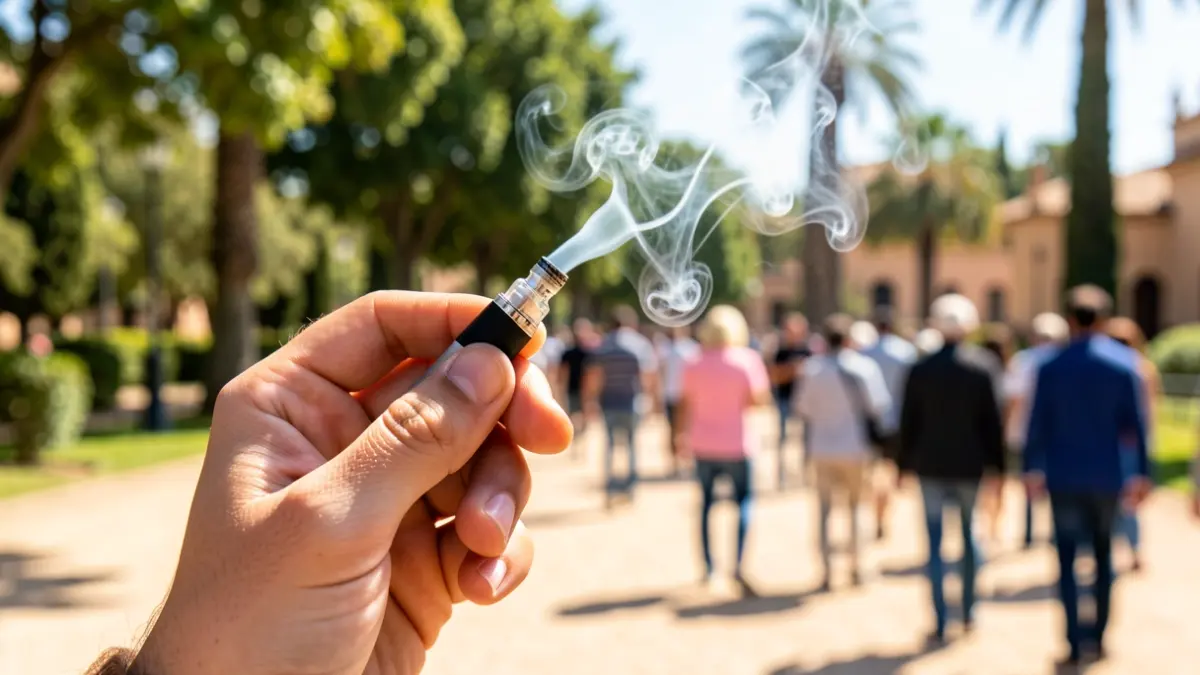 Primer plano de un cigarrillo electrónico en mano de un joven con vapor, con un parque andaluz desenfocado al fondo.