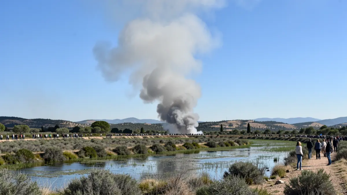Generic image of a smoke column rising over a marshland.