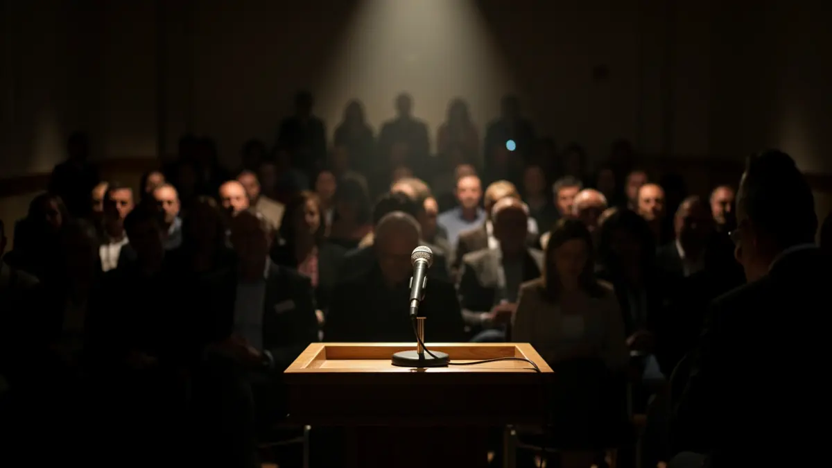 Generic image of a podium with a microphone in a dark room.