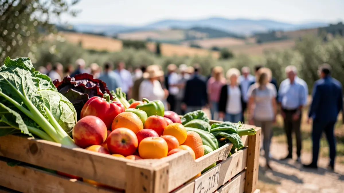 Imagen de productos agroalimentarios frescos en una caja de madera bajo el sol andaluz.
