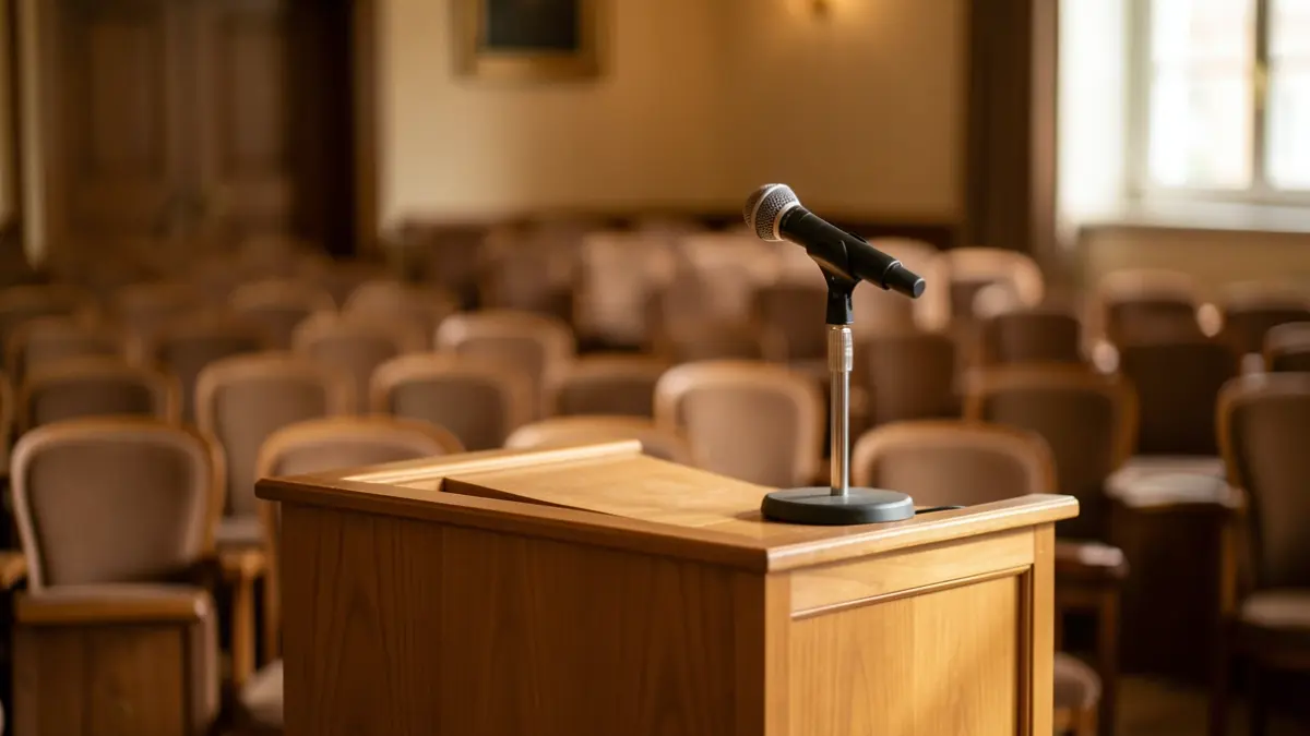 Generic image of a microphone in an empty auditorium.