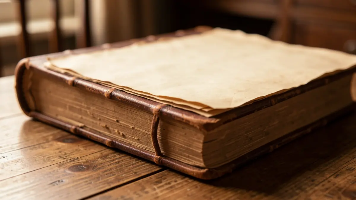 Primer plano de un libro antiguo de tapa de cuero con páginas descoloridas sobre una mesa de madera, con luz cálida y suave.