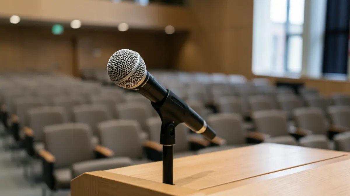 Imagen genérica de un micrófono en un atril en un auditorio vacío.