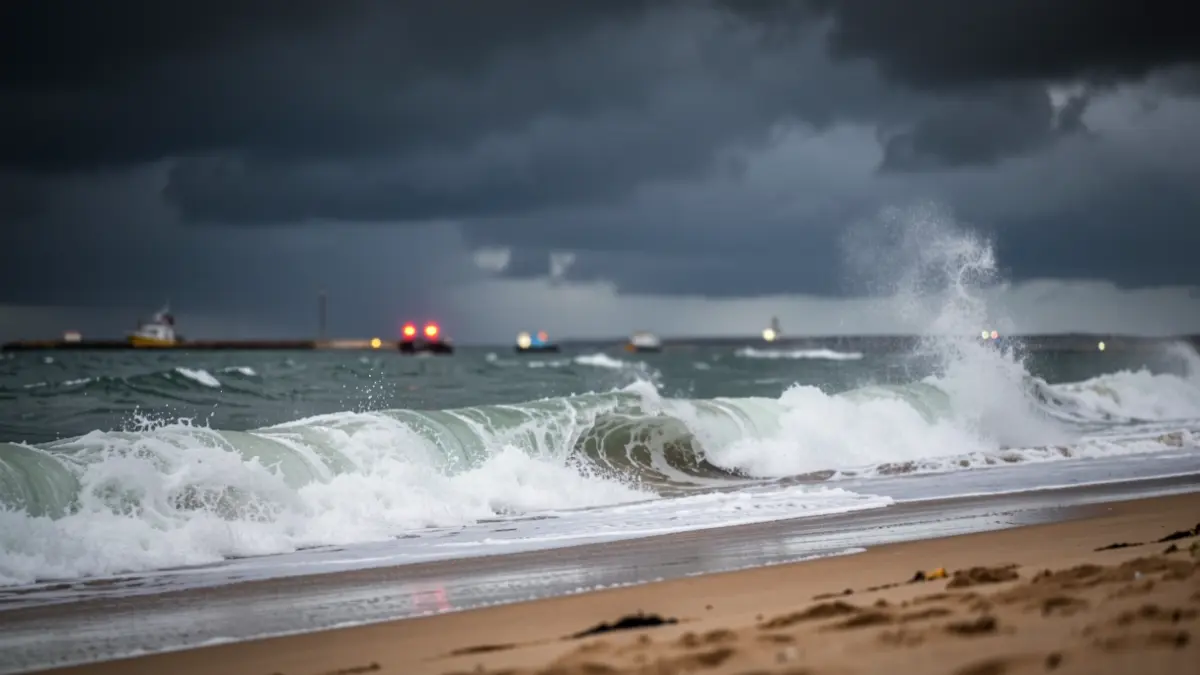 Generic image of strong waves breaking on an Andalusian beach under a stormy sky with blurred emergency lights.