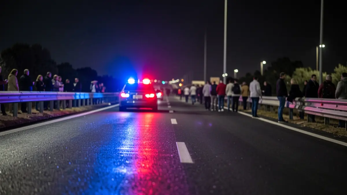 Imagen genérica de luces de emergencia policiales reflejándose en el asfalto mojado por la noche.