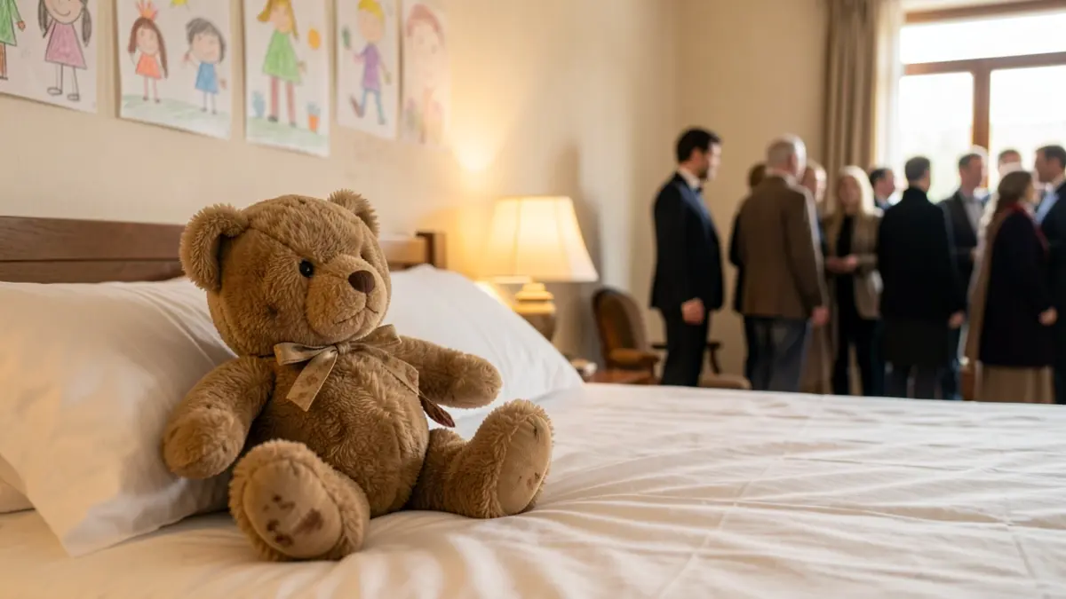Primer plano de un osito de peluche desgastado sobre una cama, con dibujos infantiles en la pared.