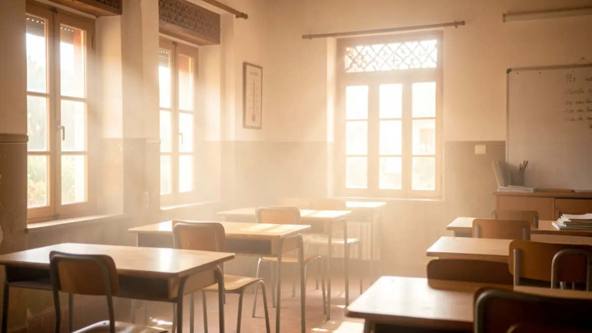 Imagen de un aula andaluza con luz solar intensa y ambiente caluroso.
