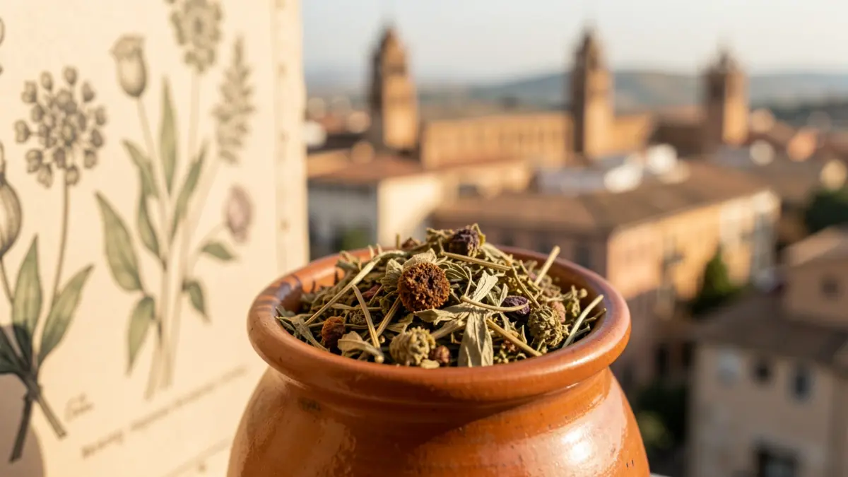 Image of an albarello with medicinal plants and a Granada cityscape background.