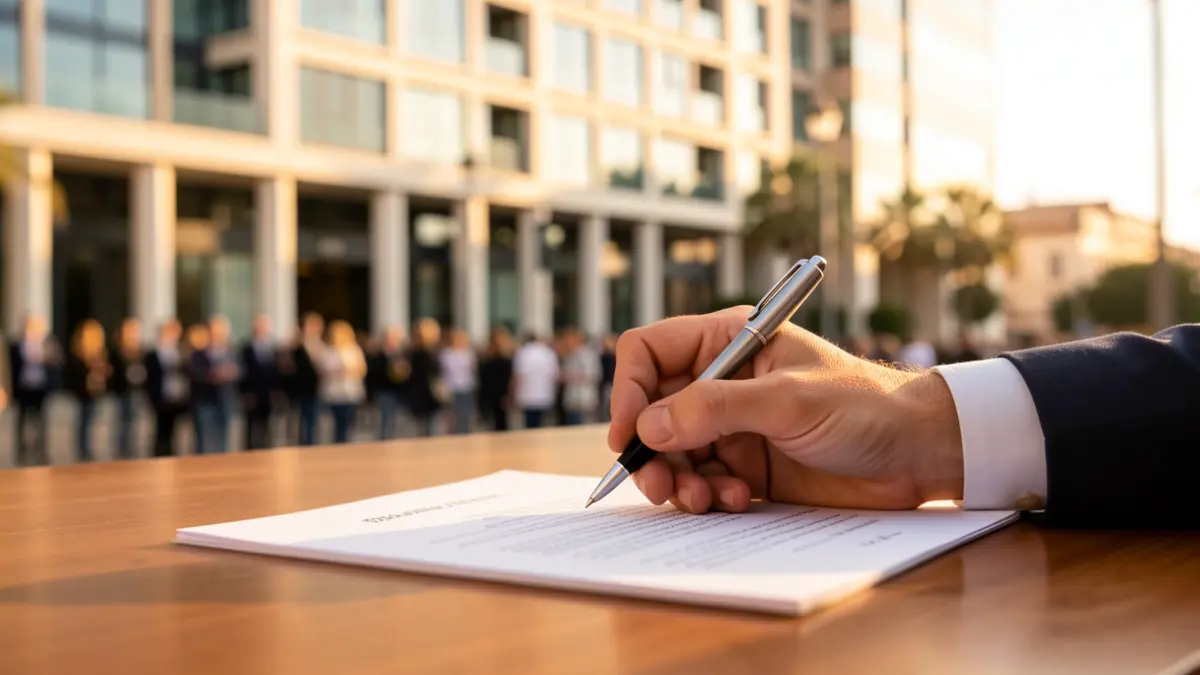 Image of a hand signing a document on a desk.