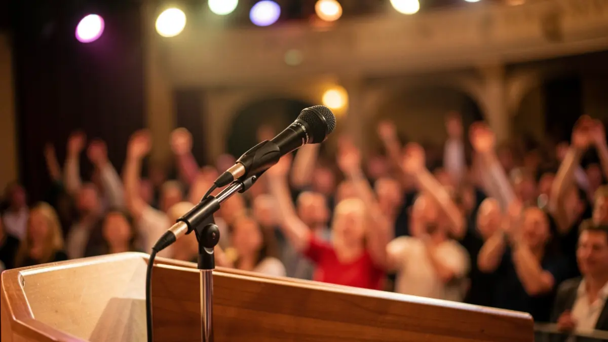 Generic image of a microphone on a stage.
