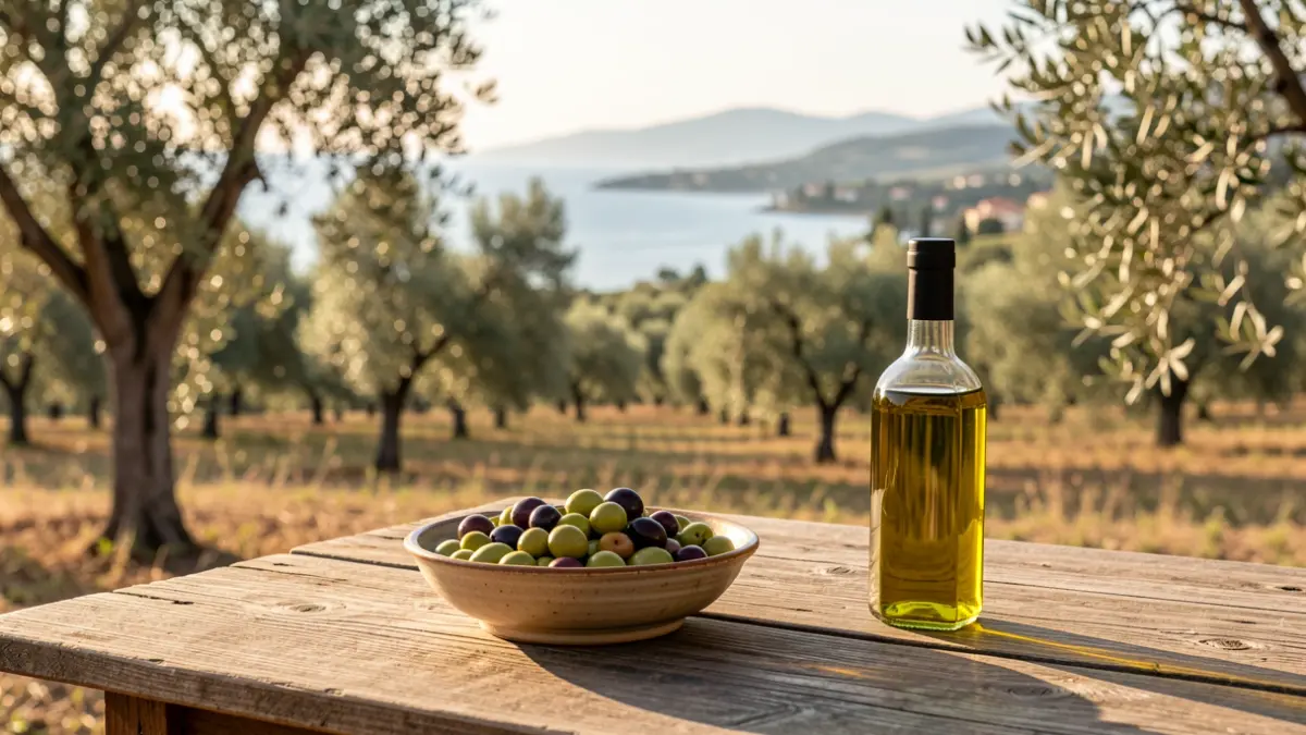 Generic image of a Mediterranean landscape with olive trees and a table with olive oil.