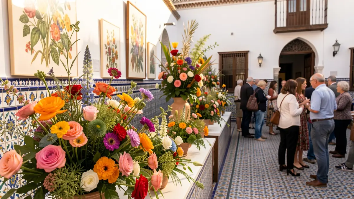 Imagen de instalaciones florales y arte botánico en un patio cordobés.