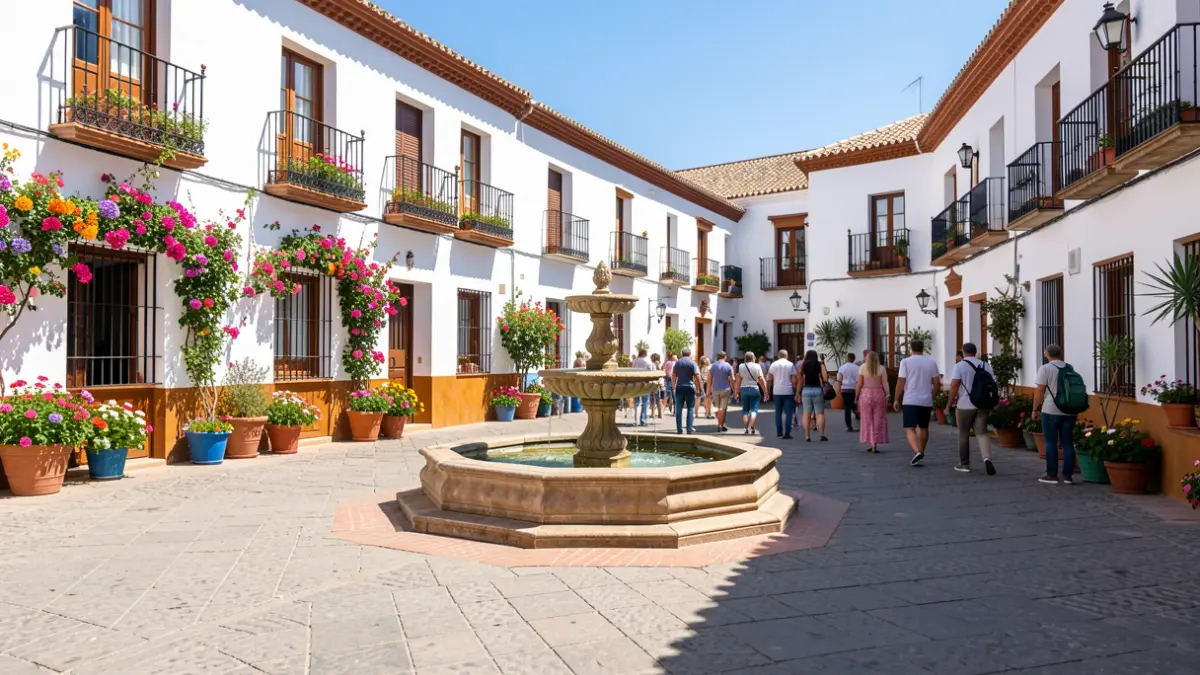 Generic image of an Andalusian town square with traditional architecture.