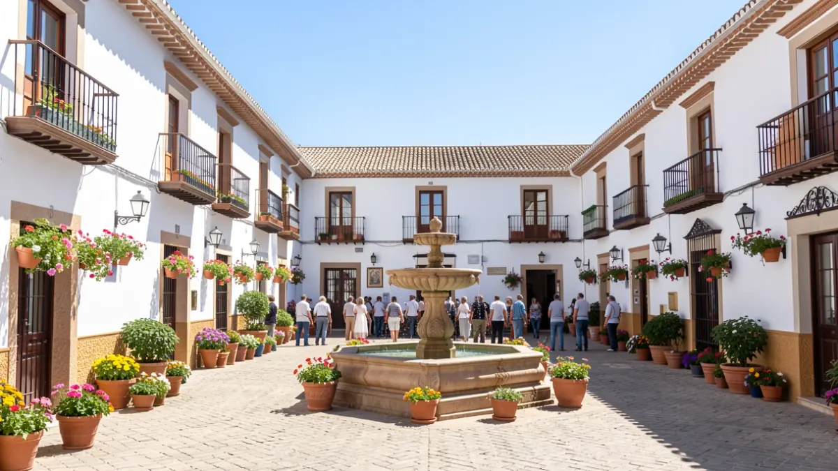 Generic image of an Andalusian square with white buildings and a fountain.