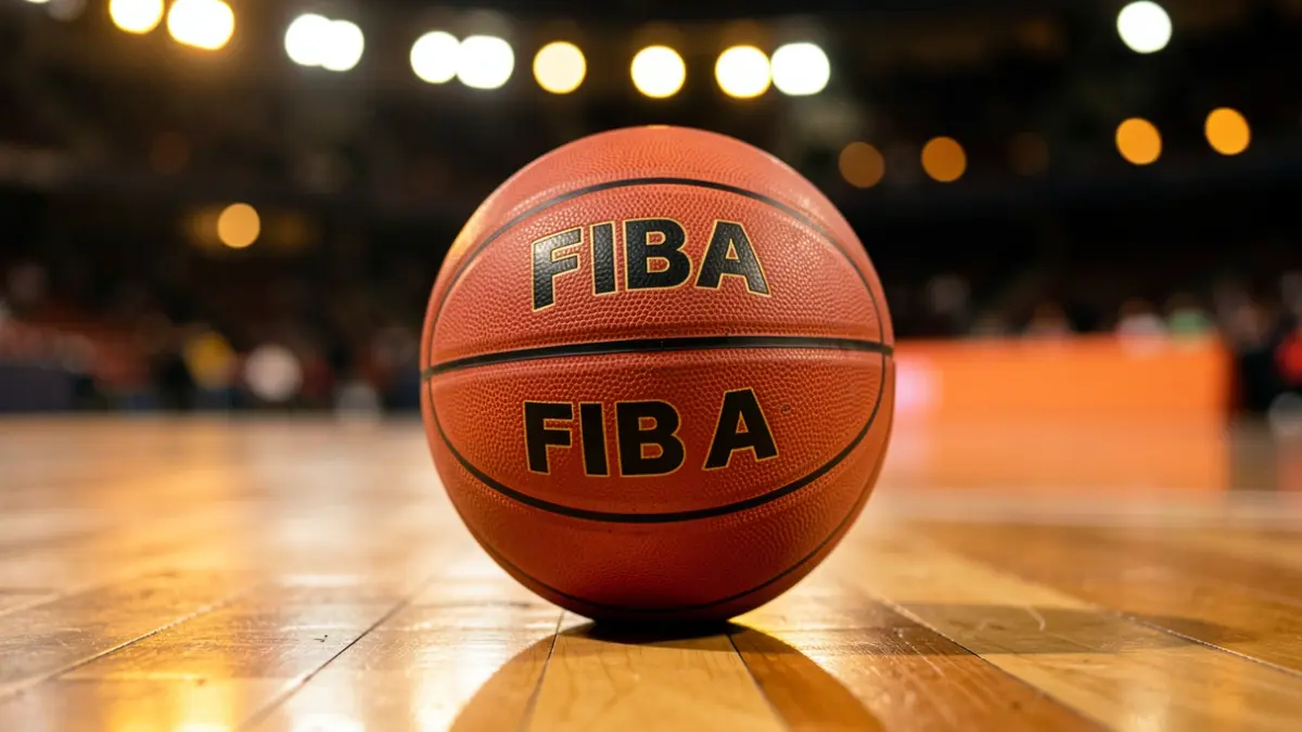 Close-up of a basketball with the FIBA logo on a polished wooden court, with blurred stadium lights in the background.