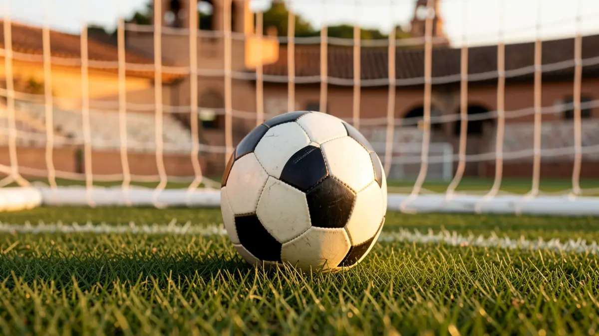 Generic image of a soccer ball on a stadium field at sunset.