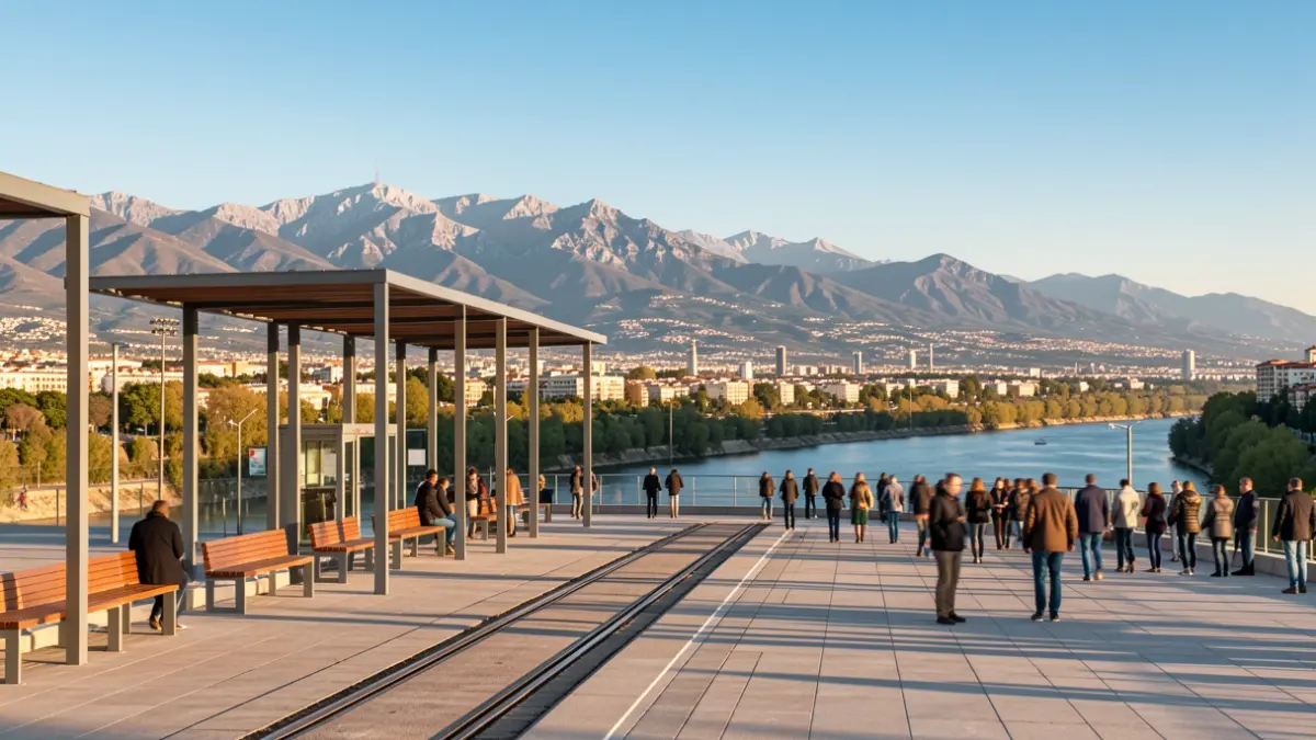 Plaza mirador recién construida sobre el río Dílar en la ampliación sur del Metro de Granada, con vistas a Sierra Nevada.